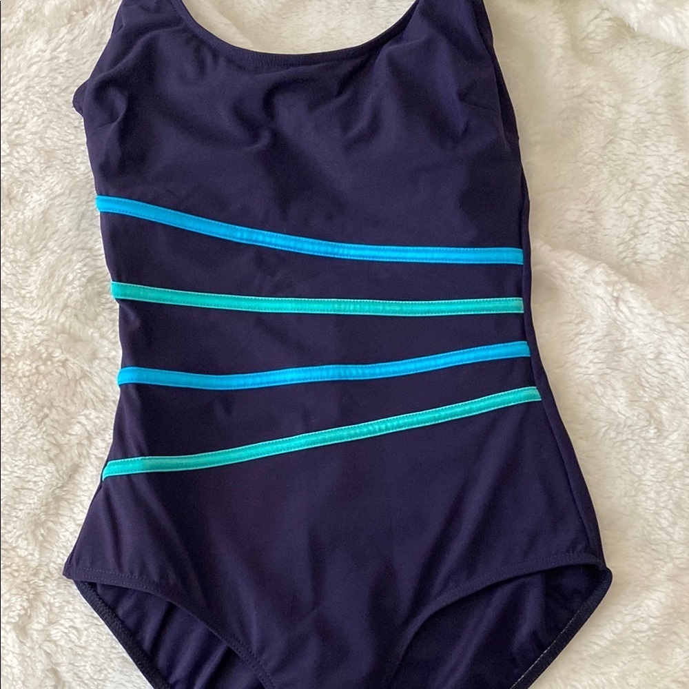 Blue One Piece Swimsuit with Diagonal Stripes w/Tummy Thinner-Size 10